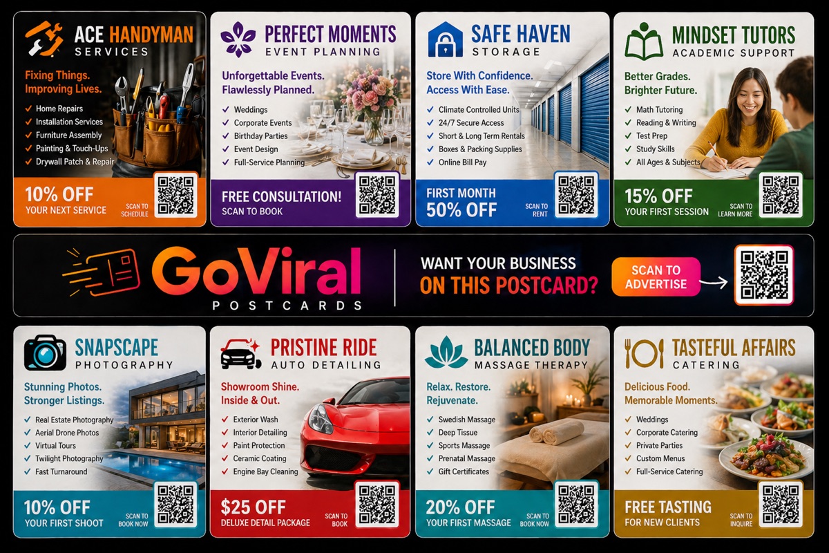 Sample Go Viral Postcards shared mailer with eight local business ads and QR codes